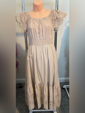 Light Tan Eyelet Sleeve Smocked Waist Midi Dress